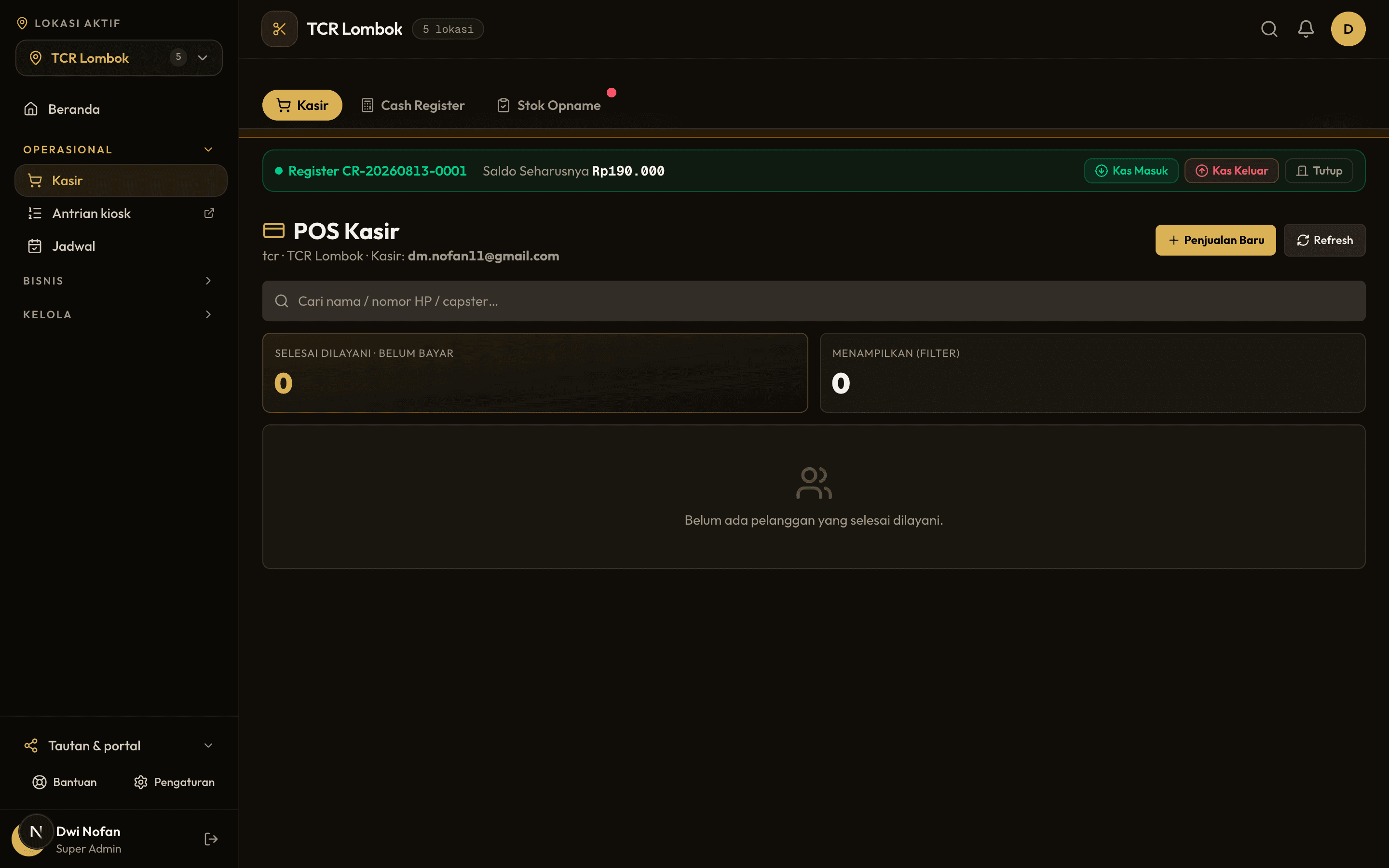Menu Kasir di dashboard web: bar register aktif di atas, POS Kasir di bawahnya