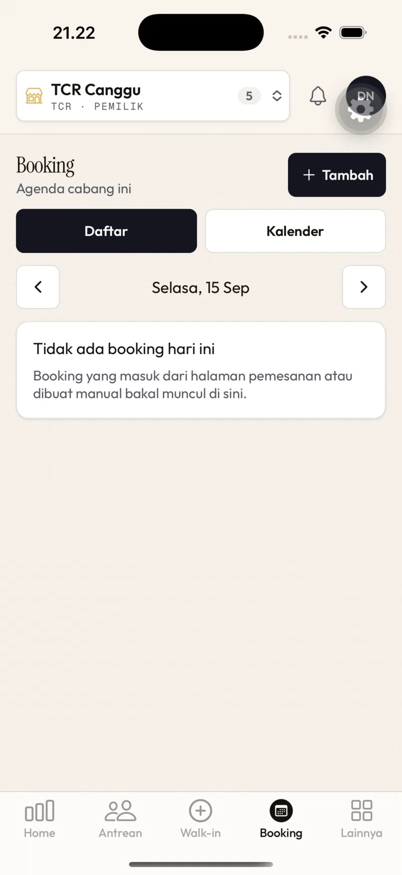 Tab Booking di app