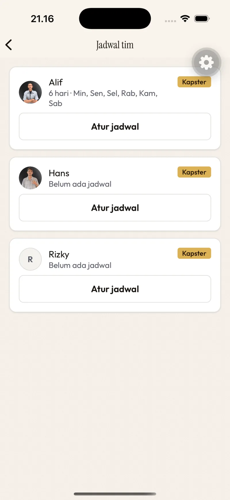 Jadwal tim — per orang, Atur jadwal