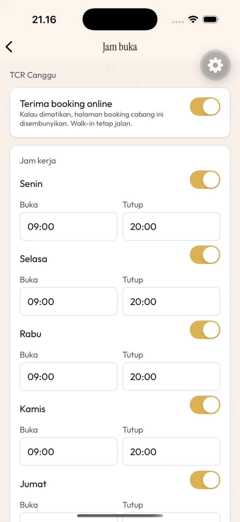 Pengaturan → Jam buka & booking