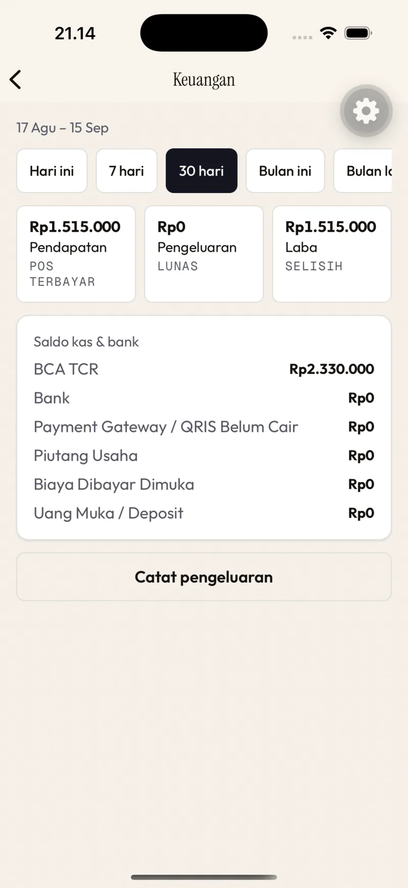 Keuangan — Pendapatan / Pengeluaran / Laba, saldo per akun