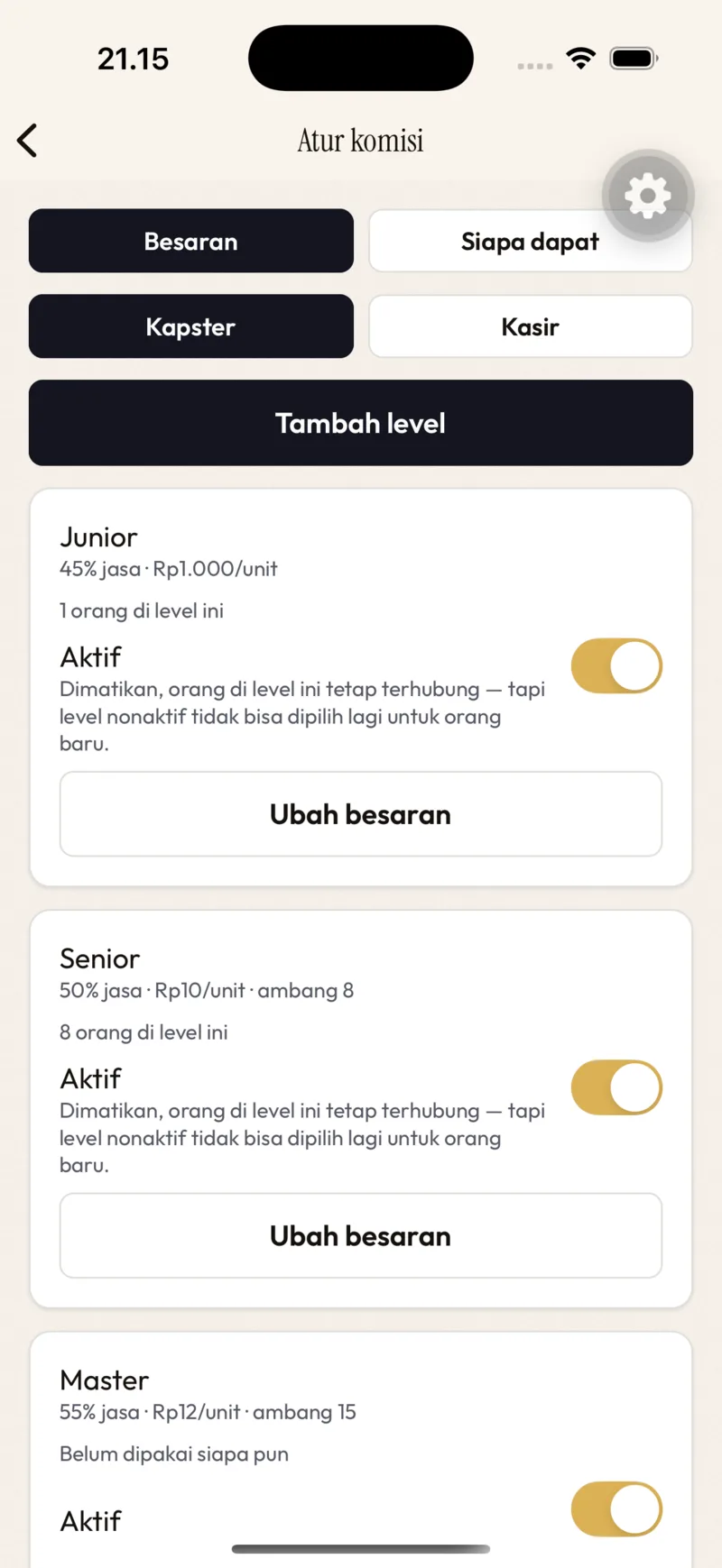 Atur komisi — level & besaran