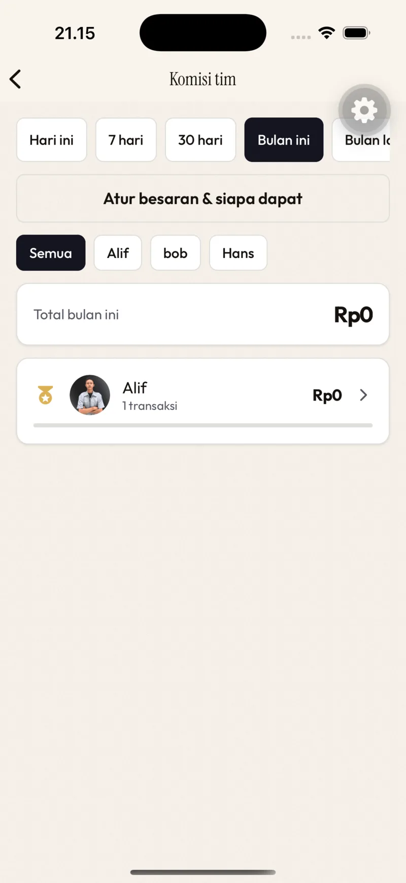 Komisi tim — rentang, filter kapster, peringkat