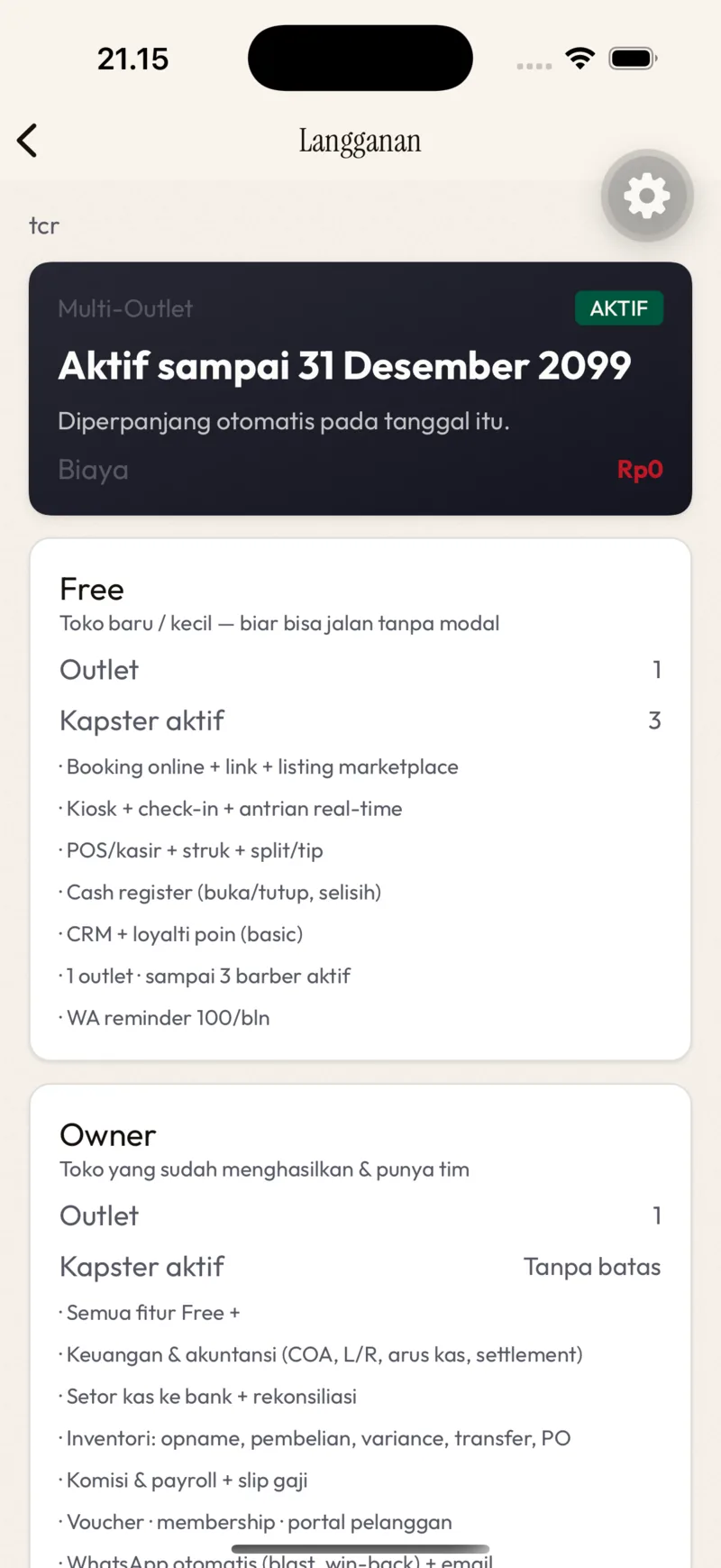 Langganan — kartu paket aktif, lalu perbandingan Free / Owner / Multi-Outlet