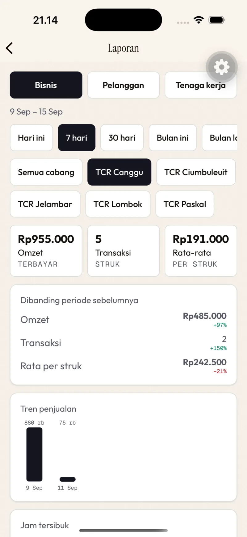 Laporan — tab Bisnis / Pelanggan / Tenaga kerja, rentang, cabang, Dibanding periode sebelumnya