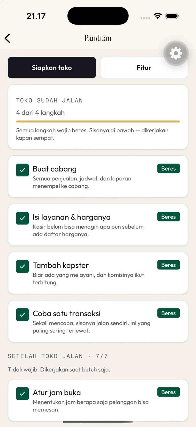 Pengaturan → Panduan → Siapkan toko