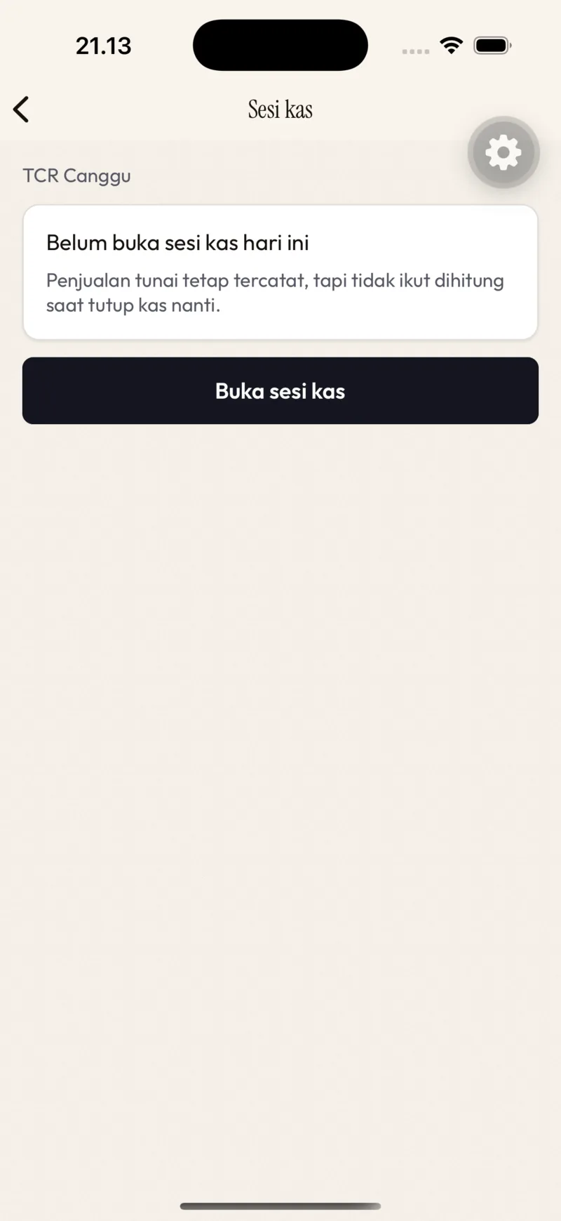 Sesi Kas sebelum dibuka — nama cabang di atas, satu tombol