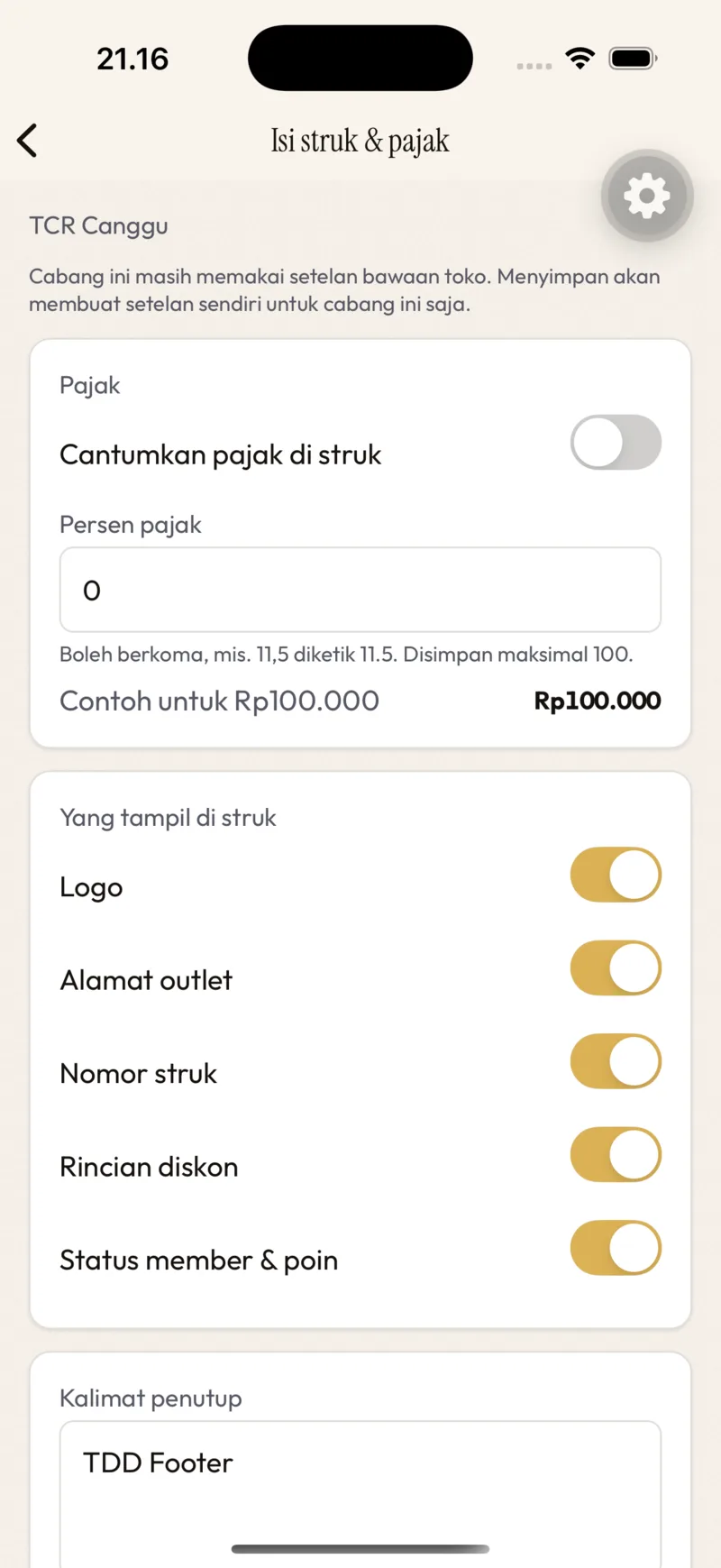 Pengaturan → Isi struk & pajak (owner)