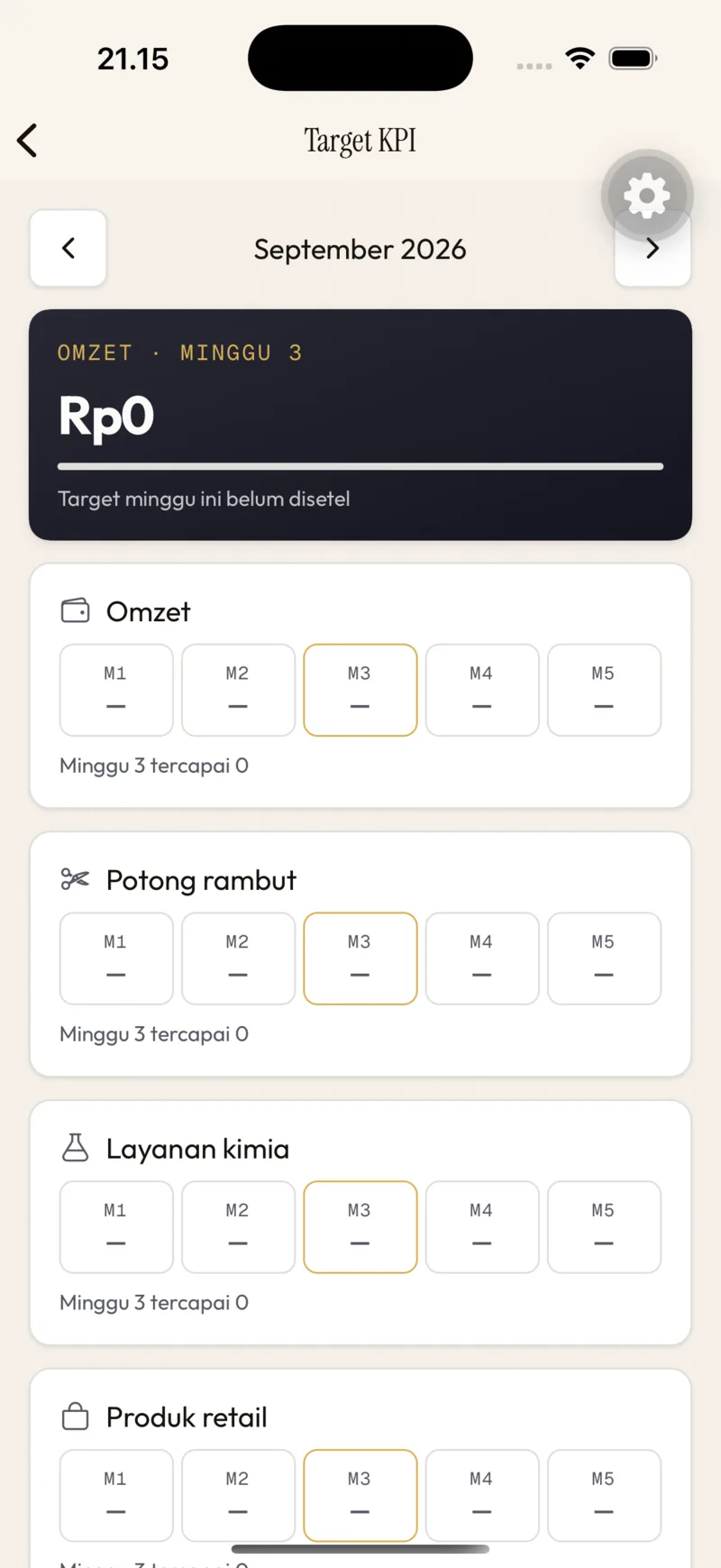 Target KPI di app — kartu Omzet minggu ini, tabel M1–M5 per indikator
