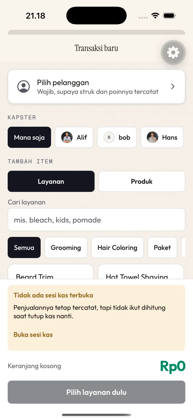 Transaksi baru: pelanggan, kapster, tambah item, peringatan sesi kas, keranjang, tombol bayar